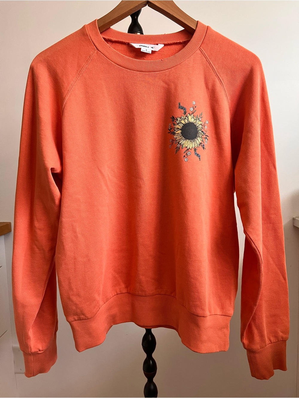O'Neill Orange Distressed Crewneck Sweatshirt with Sunflower Graphic